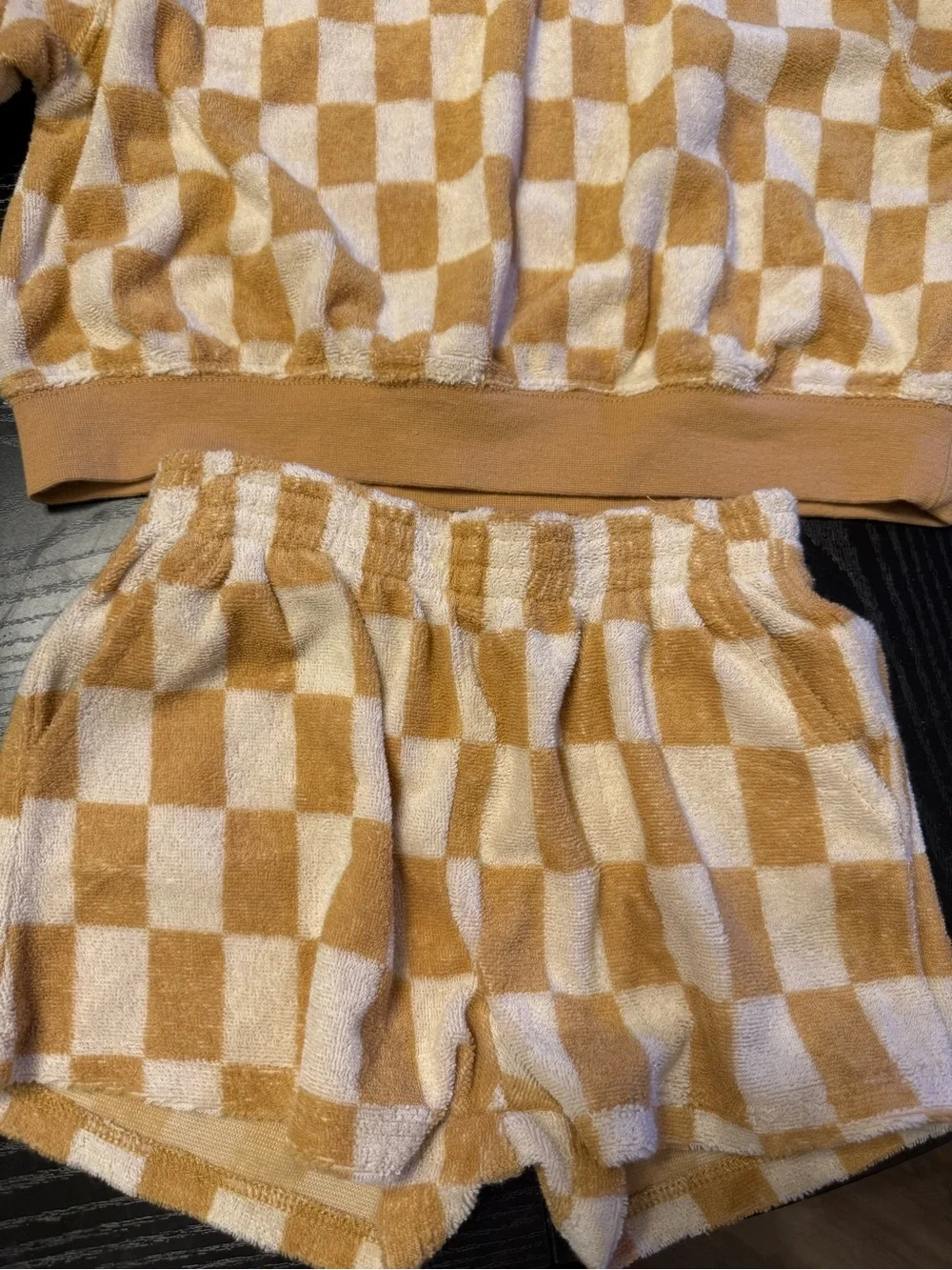 Rylee + Cru Cream and Tan Check Plush Crewneck